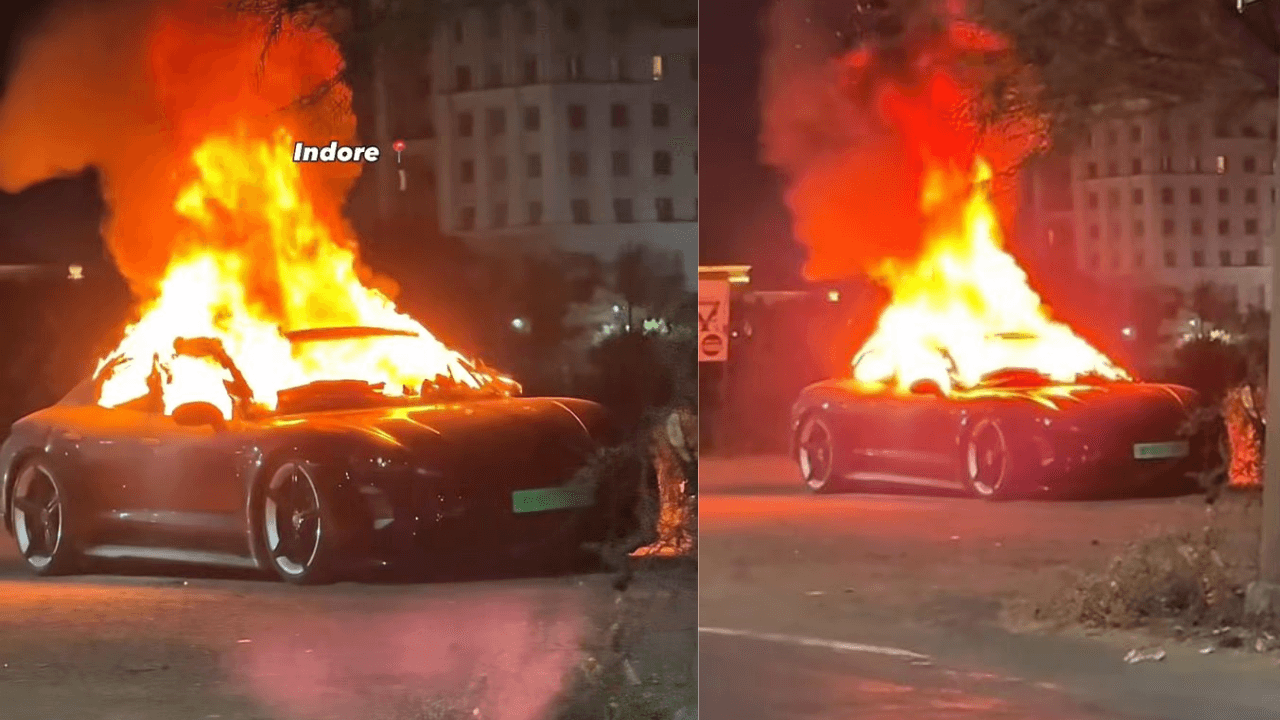 Watch - Fire guts Porsche Taycan in MP; luxury car priced over Rs 2.4 cr