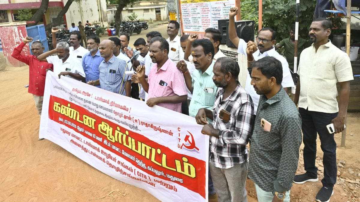 Tasmac staff protest in Madurai demanding reinstatement of suspended CITU leader